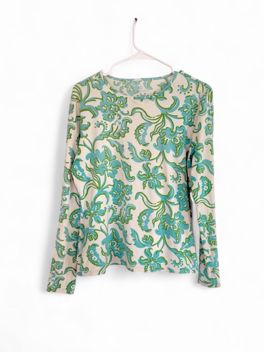 Lands End Womens Floral Rash Guard UPF 50 M Botanical Crew Neck Top White Blue